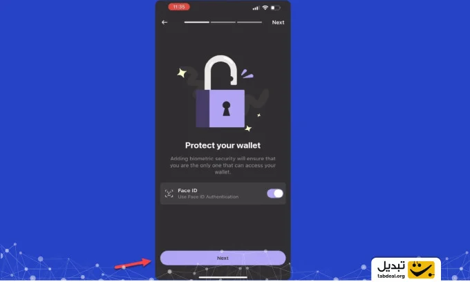 سوییچ Use Face ID to Unlock را فعال کرده و روی Next بزنید.