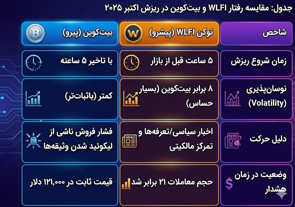 جدول: مقایسه رفتار WLFI و بیت‌کوین در ریزش اکتبر ۲۰۲۵