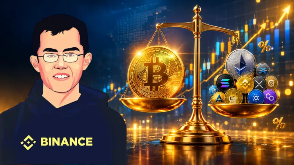 A premium, photorealistic, 3D render illustration for a cryptocurrency investment article thumbnail. The scene shows a balanced portfolio with a large glowing Bitcoin coin taking up 50% of the space, an Ethereum coin taking up 15%, and several other smaller altcoin coins making up the remaining 35%, all arranged on a golden weighing scale in perfect balance. In the background, a professional dark blue to gold gradient with glowing digital particles, dynamic candlestick charts showing steady growth, and subtle grid lines. The coins are sharply in focus with metallic textures, vibrant colors, and dramatic cinematic lighting with lens flares. Floating sparkles and percentage symbols around them. Extreme high detail, 8k resolution, ultra HD, photorealistic, dramatic shadows, 16:9 aspect ratio, clean modern composition with copy space on the left side for text overlay. Professional crypto investment style, suitable for Google Discover and social media thumbnail. No human faces, no text on the image.