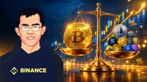 A premium, photorealistic, 3D render illustration for a cryptocurrency investment article thumbnail. The scene shows a balanced portfolio with a large glowing Bitcoin coin taking up 50% of the space, an Ethereum coin taking up 15%, and several other smaller altcoin coins making up the remaining 35%, all arranged on a golden weighing scale in perfect balance. In the background, a professional dark blue to gold gradient with glowing digital particles, dynamic candlestick charts showing steady growth, and subtle grid lines. The coins are sharply in focus with metallic textures, vibrant colors, and dramatic cinematic lighting with lens flares. Floating sparkles and percentage symbols around them. Extreme high detail, 8k resolution, ultra HD, photorealistic, dramatic shadows, 16:9 aspect ratio, clean modern composition with copy space on the left side for text overlay. Professional crypto investment style, suitable for Google Discover and social media thumbnail. No human faces, no text on the image.